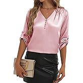 2026 Womens 3/4 Sleeve Shirts Dressy Casual Tops Pleated Satin Silk Business Blouses Pink X-Large