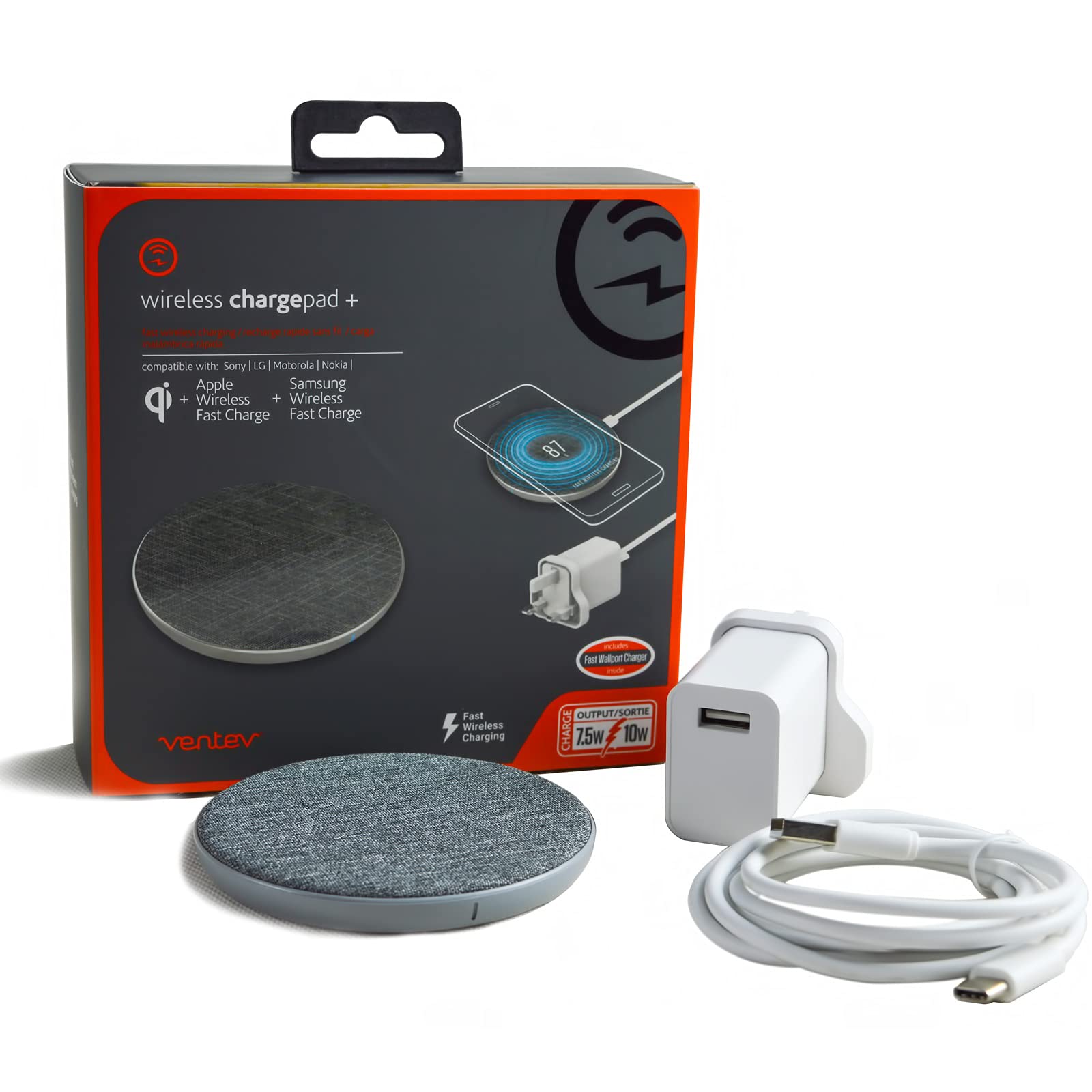 Ventev 10w Qi Fast Wireless Apple iPhone 12/11 Pro Max/XR/XS/8/ Samsung Galaxy S21/S20 5G Ultra/S10+/Note20/10/S9 Plus Contactless Charger Fabric Charging Pad - Rapid UK Plug & Type-C Cable Included.