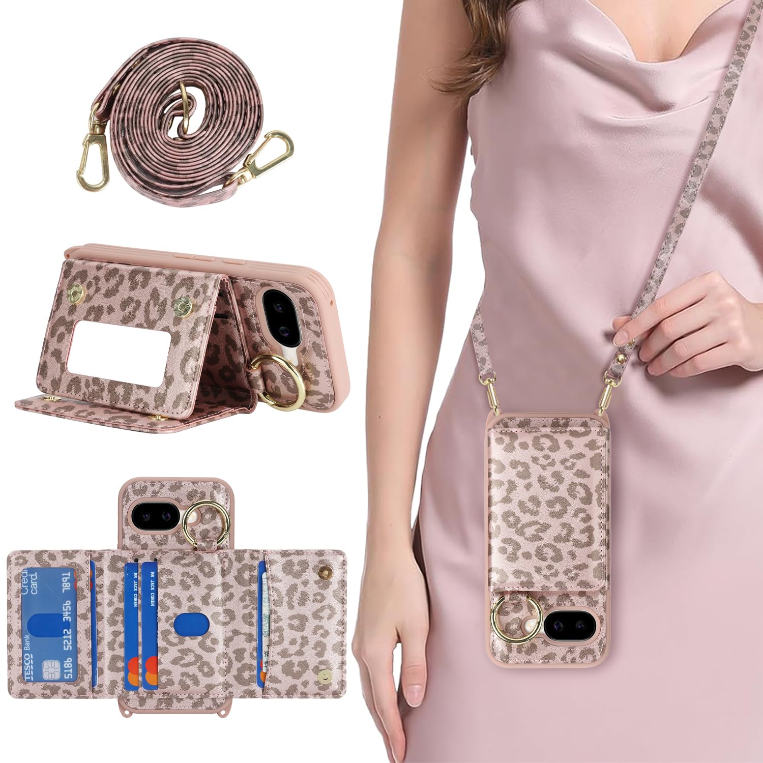 DEYHU for Pixel 9a Case with Card Holder and Strap for Women,Crossbody Lanyard, Make Up Mirror,Snap Clasp,Cute Phone Wallet Cases - Rose Gold Leopard
