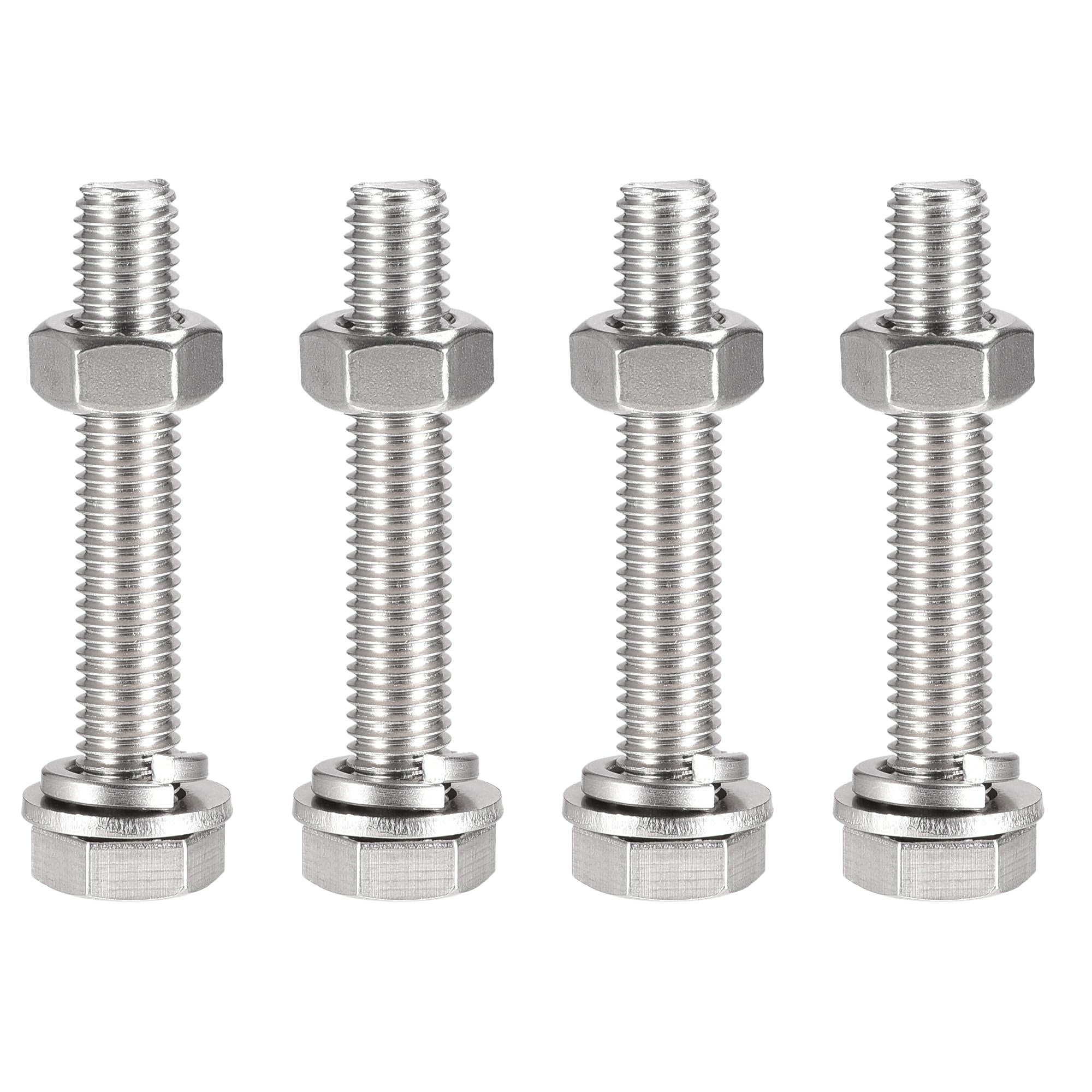 sourcing map M10 x 60mm Hex Head Screws Bolts, Nuts, Flat & Lock Washers Kits, 304 Stainless Steel Fully Thread Hexagon Bolts 4 Sets