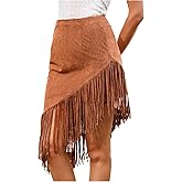 SweatyRocks Women's Boho Chic Skirt Asymmetric Fringed Hem Wrap Tassel Midi Skirts