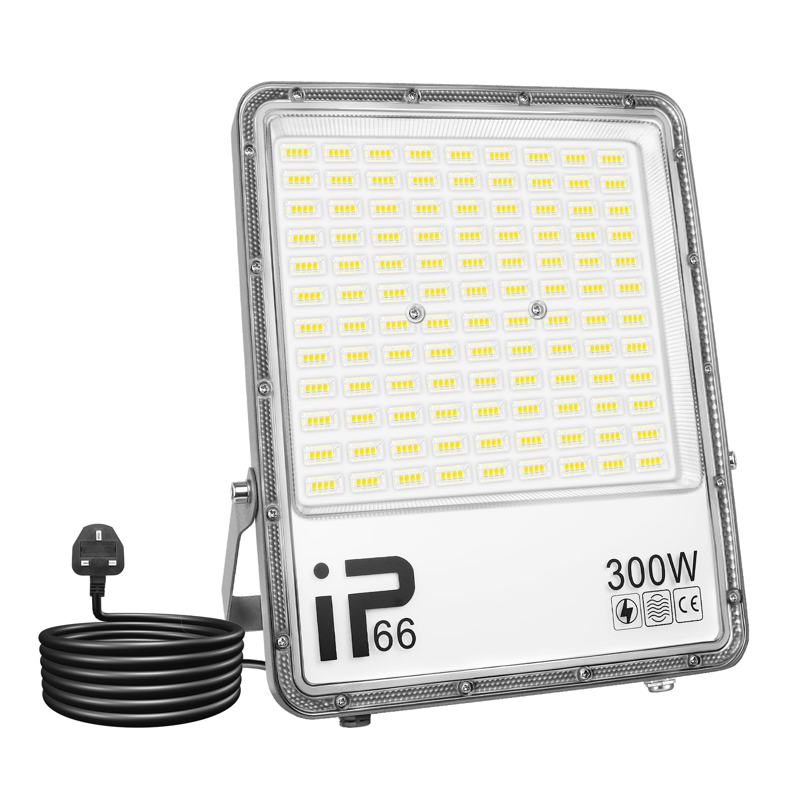 RIGIDON 1Pcs 300W LED Flood Light Outdoor with 1.5M Plug, 30000LM Super Bright Outdoor Lights 6000K Daylight White IP66 Waterproof Security Lights for Garden, Garage, Yard, Sports Ground, Patio, Porch
