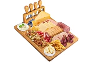 Xergur Bamboo Cheese Board Set - Charcuterie Boards and Serving Meat Platter, Cheese Tray with 4 Stainless Steel Cheese Knives Cutting Board Platter, Ideal for Halloween, Wedding, Christmas Gifts