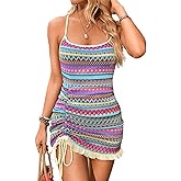 ChiaoLezhee Boho Crochet Striped Swimsuit Coverup, Square Neck Low-Back Bodycon, Drawstring Ruffle Mini Dresses for Women