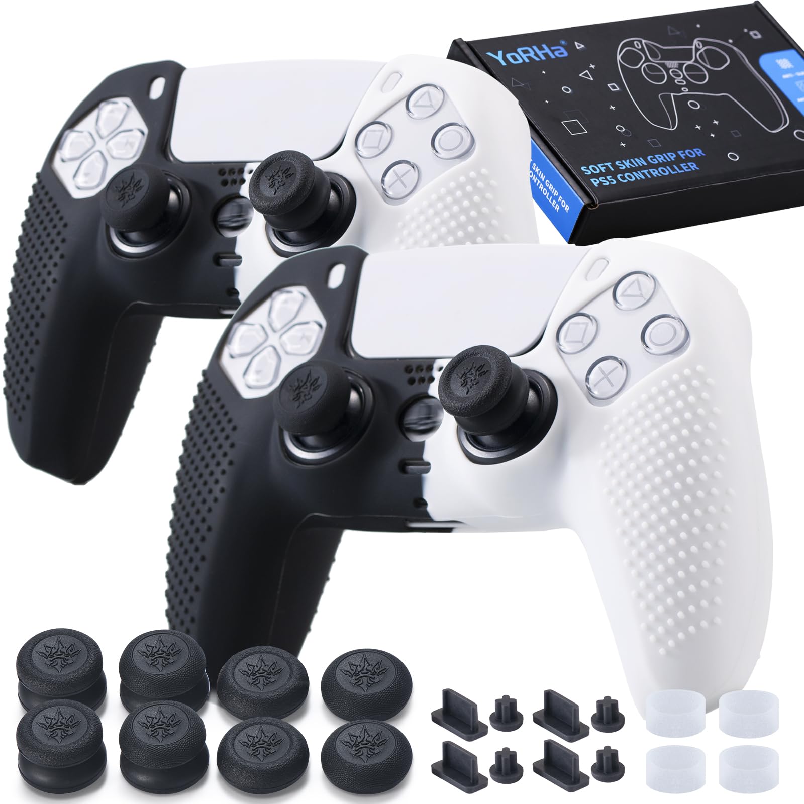 YoRHa Silicone Skins Cover for PS5 Controller x 2(Black+White) with Thumb Grips x 8, Plugs x 8, Anolog Protectors x 4