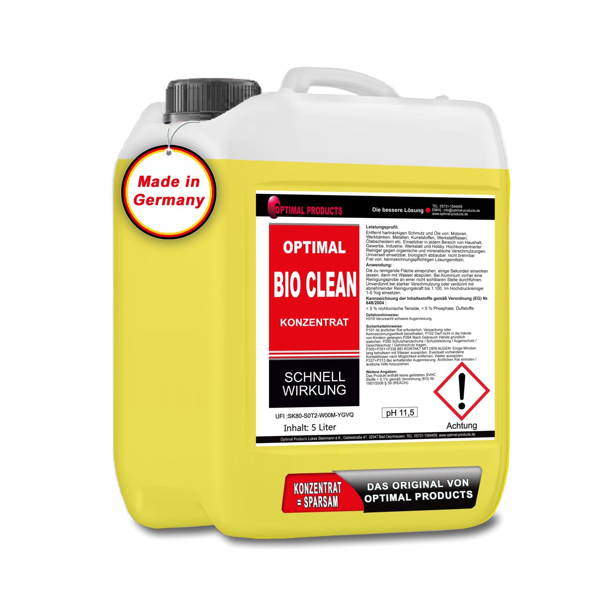 Optimal Products Allzweckreiniger Konzentrat Bio Clean I Putzmittel extra stark zur Entfernung von hartnäckigem Schmutz & Ölen an Motoren uvm. I 5L
