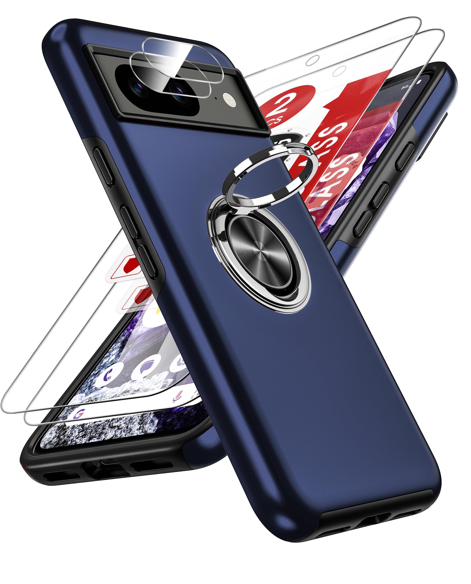 LeYi for Google Pixel 8 Case: and 2 Tempered Glass Screen Protector &2 Camera Lens Protector, with 360 Ring Holder Stand Magnetic Shockproof Heavy Duty Protective Phone Cover for Google Pixel 8 Blue — image 1