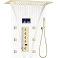 AYIVG Brushed Gold Thermostatic Shower System 16X24 inch Rainfall And Waterfall Shower System Set Ceiling Full Body Shower System with Handheld Spray and Digital Display Pressure Balance Valve