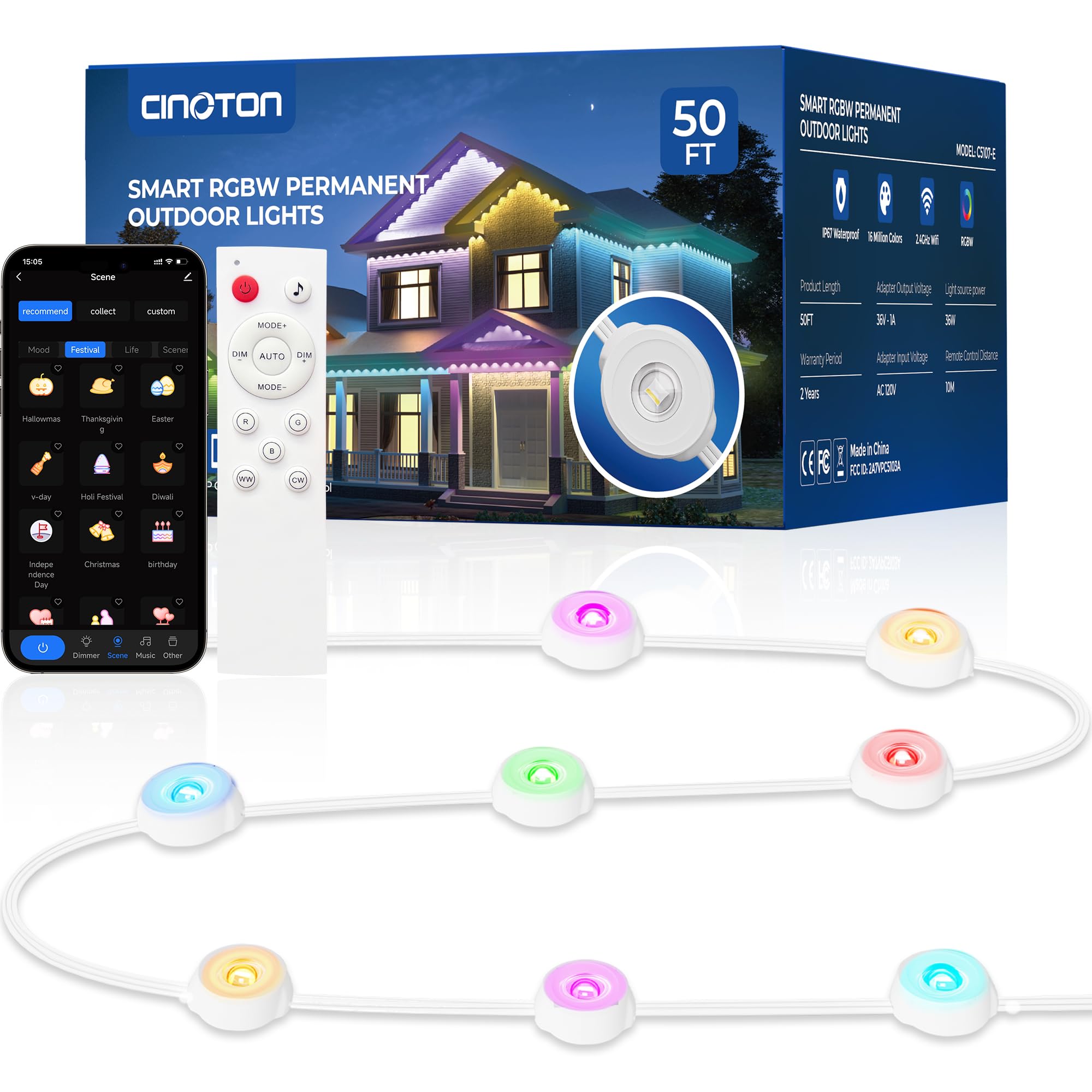 Photo 1 of CINOTON Permanent Outdoor Lights 50ft, Smart RGBW+IC Eaves Lights with 30LEDs, IP67 Waterproof, 111 Scene Modes for Daily and Festival, Halloween Christmas Holiday Decor, APP/Voice/Remote Control