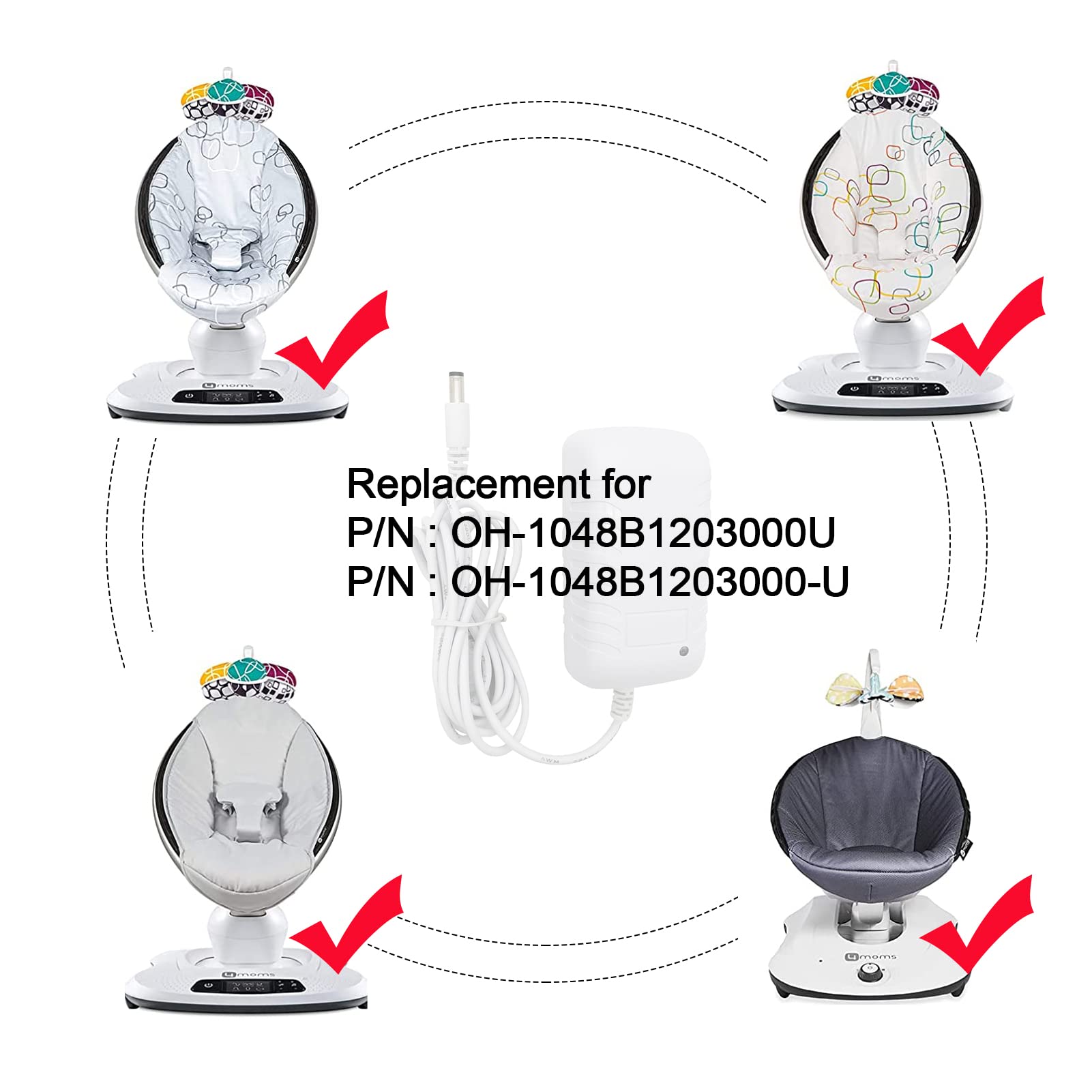 Power Cord Replacement for 4moms Mamaroo 2/4, RockaRoo Baby Swing 12V 3A AC Adapter Charger 6.6 ft Cable