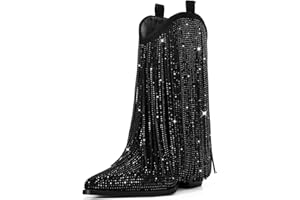 Ouepiano Cowboy Boots for Women - Cowgirl Rhinestone Boots with Sparkly Fringe Pointed Toe Western Boot Chunky Heel Pull-On Wide Calf Botas Vaqueras