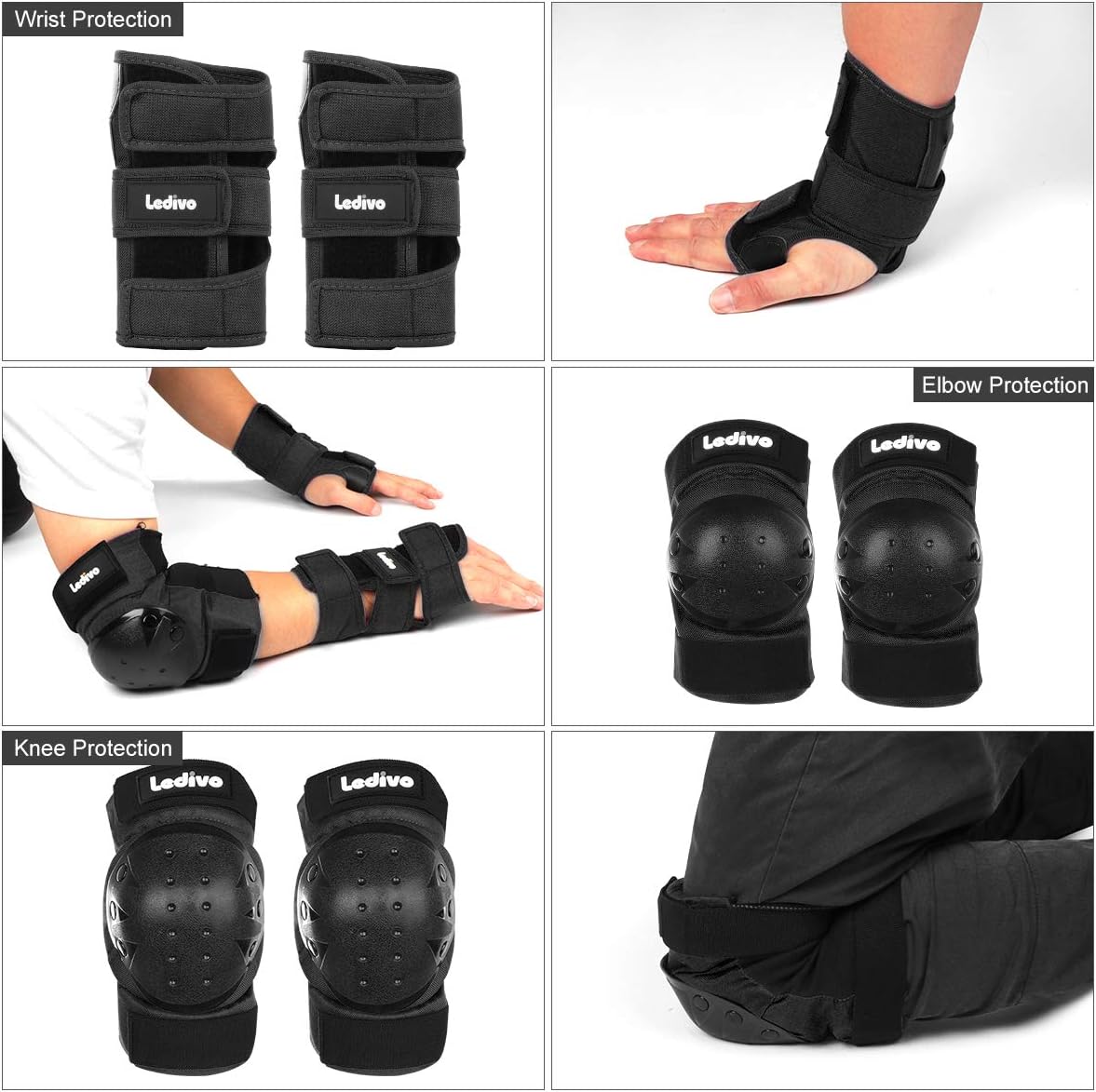 LEDIVO Adult/Child Knee Pads Elbow Pads Wrist Guards 3 in 1 Protective Gear Set for Multi Sports Skateboarding Inline Roller Skating Cycling Biking BMX Bicycle Scooter : Sports & Outdoors