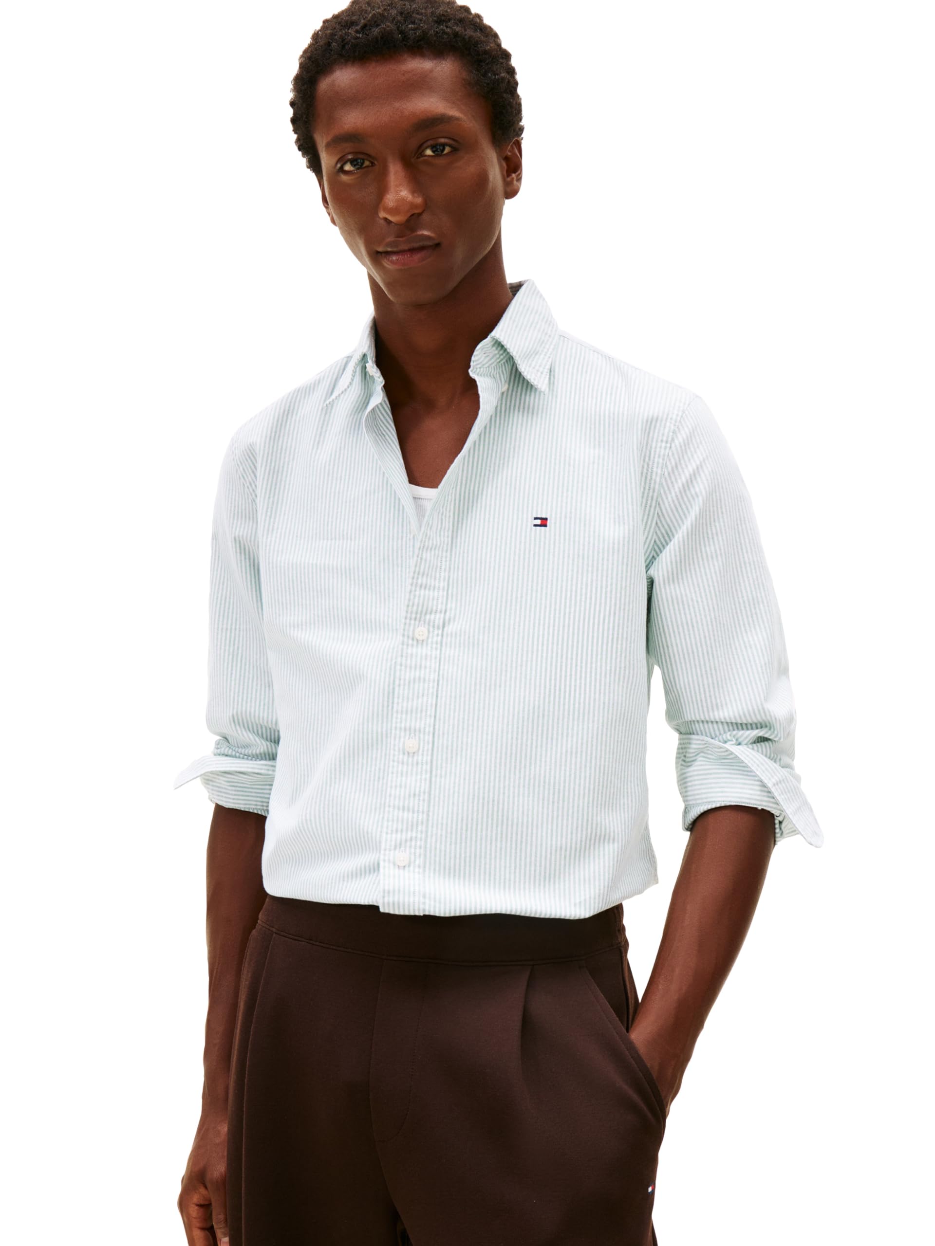 Tommy Hilfiger Men's Heritage Oxford Stripe Regular Long Sleeve Shirts, Nouveau Green/White X-Small Image