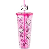 Silver Buffalo Sanrio Hello Kitty Plastic Cold Cup with Lid and Straw Topper, 24 Ounces