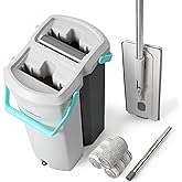 Mopficient 14L Dual-Chamber Flat Mop & Bucket Set, Clean & Dirty Water Separation, Hands-Free Self-Wringing, 15” Wide Head wi