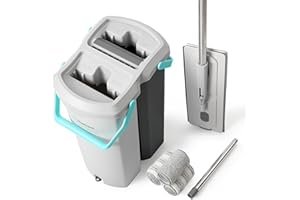 Mopficient 14L Dual-Chamber Flat Mop & Bucket Set, Clean & Dirty Water Separation, Hands-Free Self-Wringing, 15” Wide Head wi
