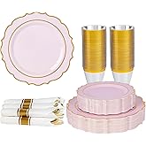 Ciselure 350PCS Pink Plastic Plates, Gold Plastic Dinnerware Sets for 50 Guests, Include 100 Disposable Plates, 50 Cups and 50 Pre Rolled Napkins with 150 PCS Gold Silverware for Party and Wedding