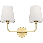 METWET 2 Light Bathroom Vanity Light, Brushed Gold Double Wall Sconce with Flared White Fabric Shade, Modern Sconces Wall Lig