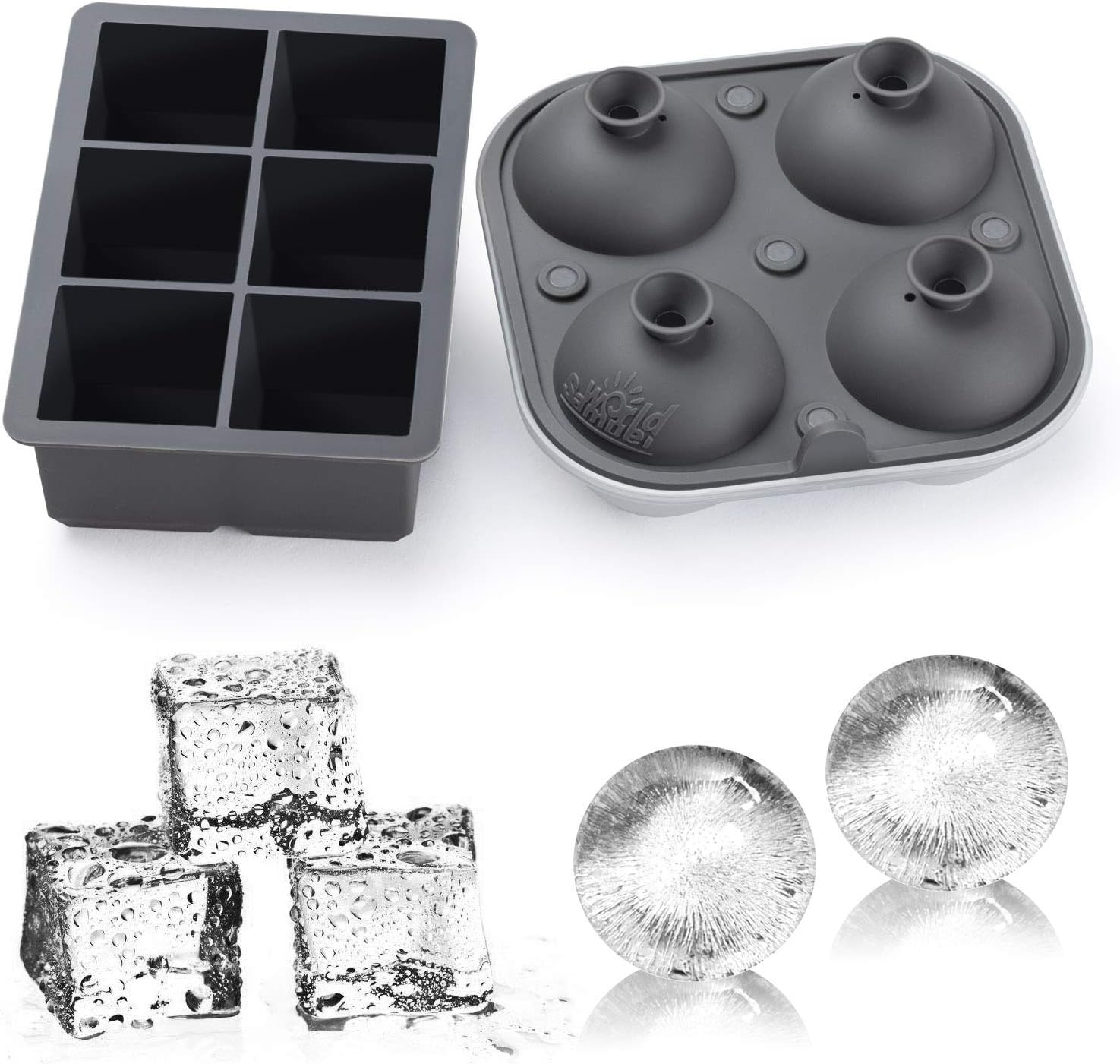 Samuelworld Ice Cube Trays - Jumble Big Cubes & 2.5 inches Large Sphere Ice Mold Combo for Whiskey and Cocktails, Keep Drinks Chilled (Grey): Kitchen & Dining