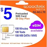 SpeedTalk Mobile $5 Prepaid SIM Card &ndash; Top Value Plan for Smartphones &amp; Cellphones | 100 Minutes, 100 Texts, 100MB Data | 5G/4G LTE | Triple-Cut (Mini, Micro, Nano) | No Contract &ndash; 30-Day Service