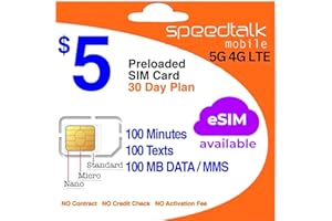 SpeedTalk Mobile $5 Prepaid Wireless Pay Go Plan for Smartphones & Cellphones | 5G 4G LTE | 100 Talk, 100 Text, 100 MB Data |