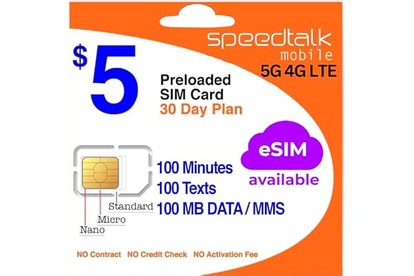 SpeedTalk Mobile $5 Prepaid SIM Card – Top Value Plan for Smartphones & Cellphones | 100 Minutes, 100 Texts, 100MB Data | 5G/4G LTE | Triple-Cut (Mini, Micro, Nano) | No Contract – 30-Day Service