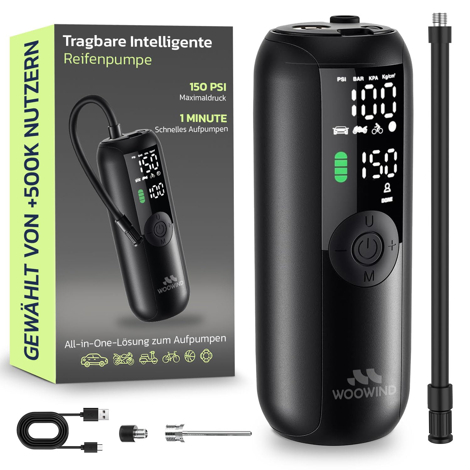 Woowind Luftpumpe Fahrrad für Auto, Fahrrad & Moto, Auto-Stopp, 10,3 BAR