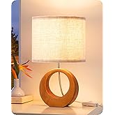 EDISHINE 13.4" Small Table Lamp, Wood Nightstand Lamp with Beige Linen Lampshade & ON-Off Switch, E26 Base, Boho Bedside Lamp