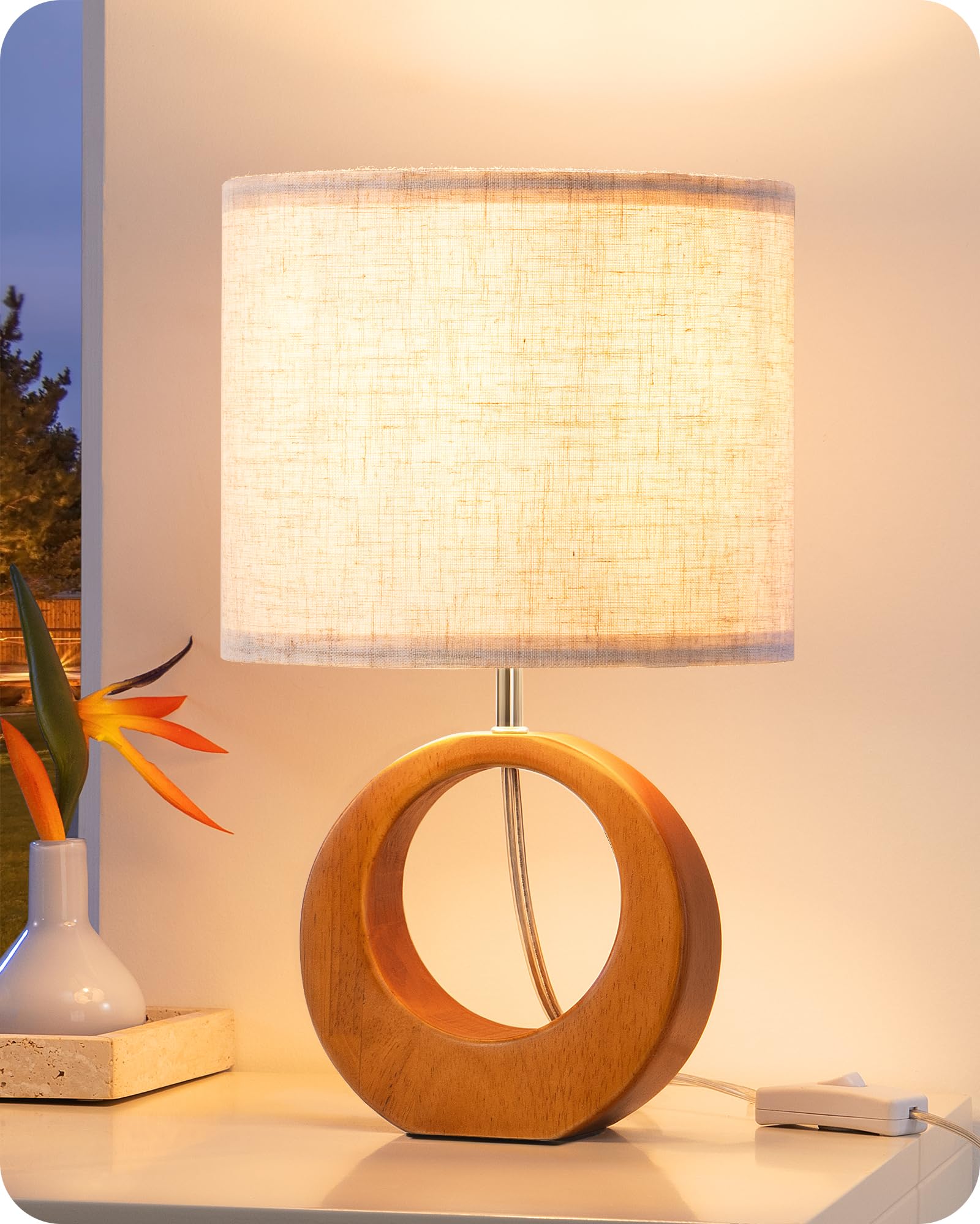 Photo 1 of EDISHINE 13.4" Small Table Lamp, Wood Nightstand Lamp with Beige Linen Lampshade & ON-Off Switch, E26 Base, Boho Bedside Lamp for Living Room, Bedroom, Dark Pearwood