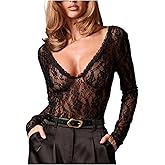 Milumia Women's Floral Lace Deep V Neck Bodysuit Sexy See Through Long Sleeve Party Club Leotard Tops