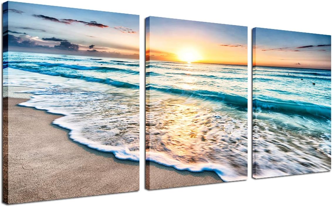 Beach Decor Framed Wall Art 3 Panel Sea Wave Sunset Poster Canvas