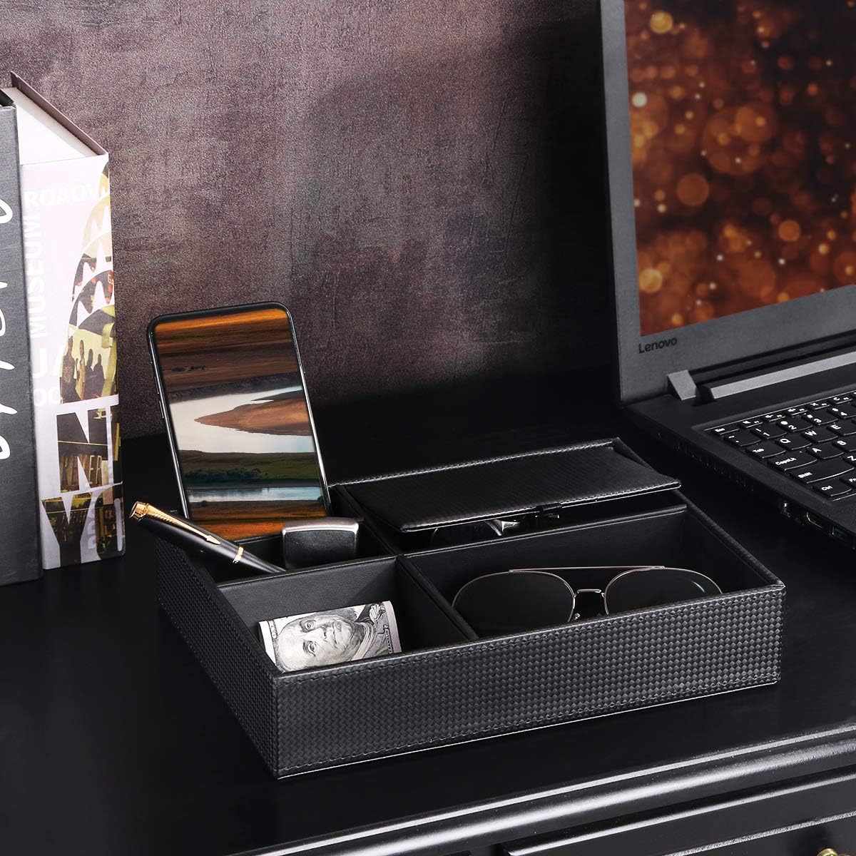 Amazon Com Bewishome Mens Valet Tray Dresser Organizer Nightstand Organizer For Mens Accessories Jewelries Carbon Fiber Faux Leather Black Ssh06c Home Kitchen