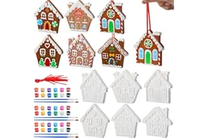 Vertintong 12 Pcs Christmas Gingerbread House Paint Kits, Ceramic Christmas Village Gingerbread House Ornaments, Unfinished Ceramics Plaster Crafts DIY Project Decor with Brushes
