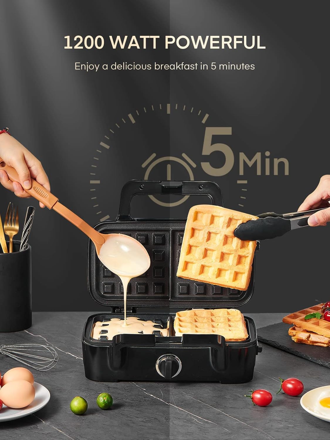 FOHERE Sandwich Maker 3 In 1 Waffle Maker With Removable Plates,1200W Grilled Cheese Maker, 5-gear Temperature Control, Non-stick Coating Easy to Clean, Indicator Lights, Silver/Black