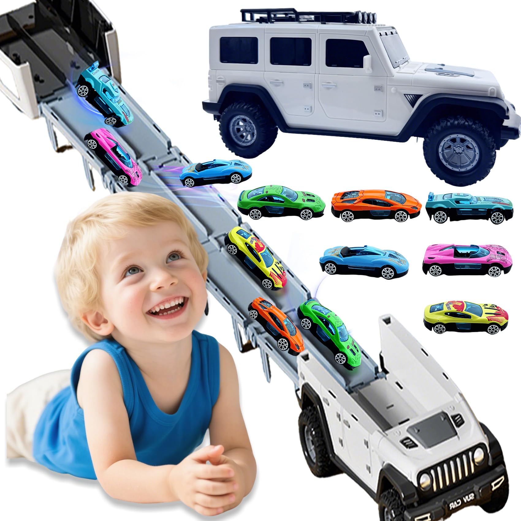 Bearbao Toddler Truck Toys for 3-8 Years Old Boys, Foldable 2 Layer Carrier Truck Transport Car Toys with 6 Metal Race Car with Light & Sounds, Toddler Toy Set Gifts for Boys Girls