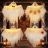 4 Pack Lighted Hanging Ghost Decorations with Timer for Halloween Decor | Double Layer Gauze Lighted Ghosts with Ornaments & Timer, Spooky Halloween Decor for Front Door, Porch, Yard, Tree & Party