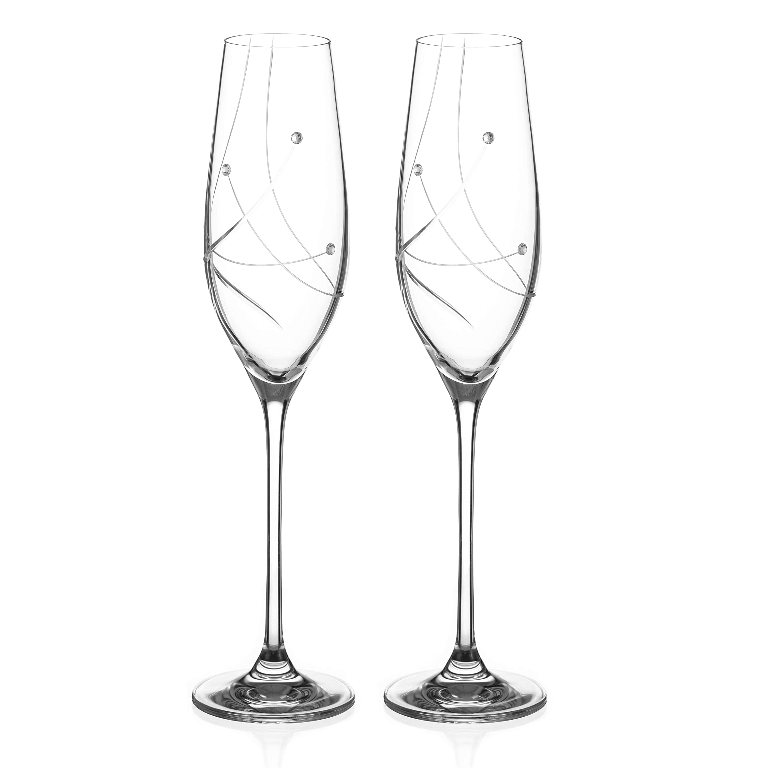 DIAMANTE Swarovski Champagne Flutes Prosecco Glasses Pair - 'Angelina' Embellished with Swarovski Crystals - Set of 2