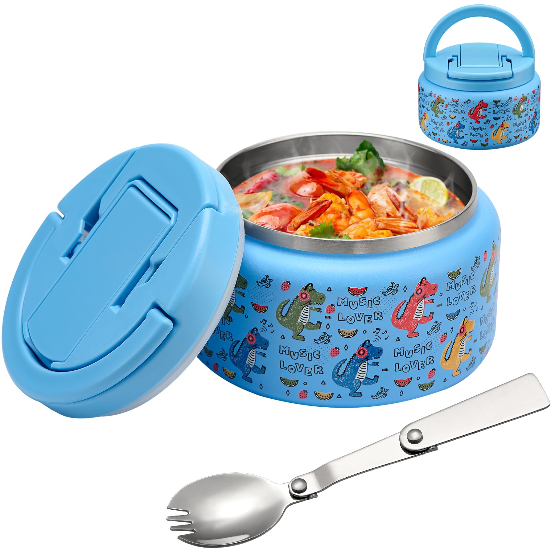 Photo 1 of 13.5oz Soup Thermo for Hot Food Kids Insulated Vacuum Food Jar with Buckle Lid,Wide Mouth Leakproof Stainless Steel Lunch Container with Spoon-Dinosaur