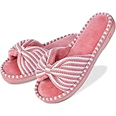 DL Women's Memory Foam Open Toe Slide Slippers with Cute Bow and Cozy Terry Lining, Slip-on House Shoes Spa Mules Sandals with Indoor Outdoor Rubber Sole