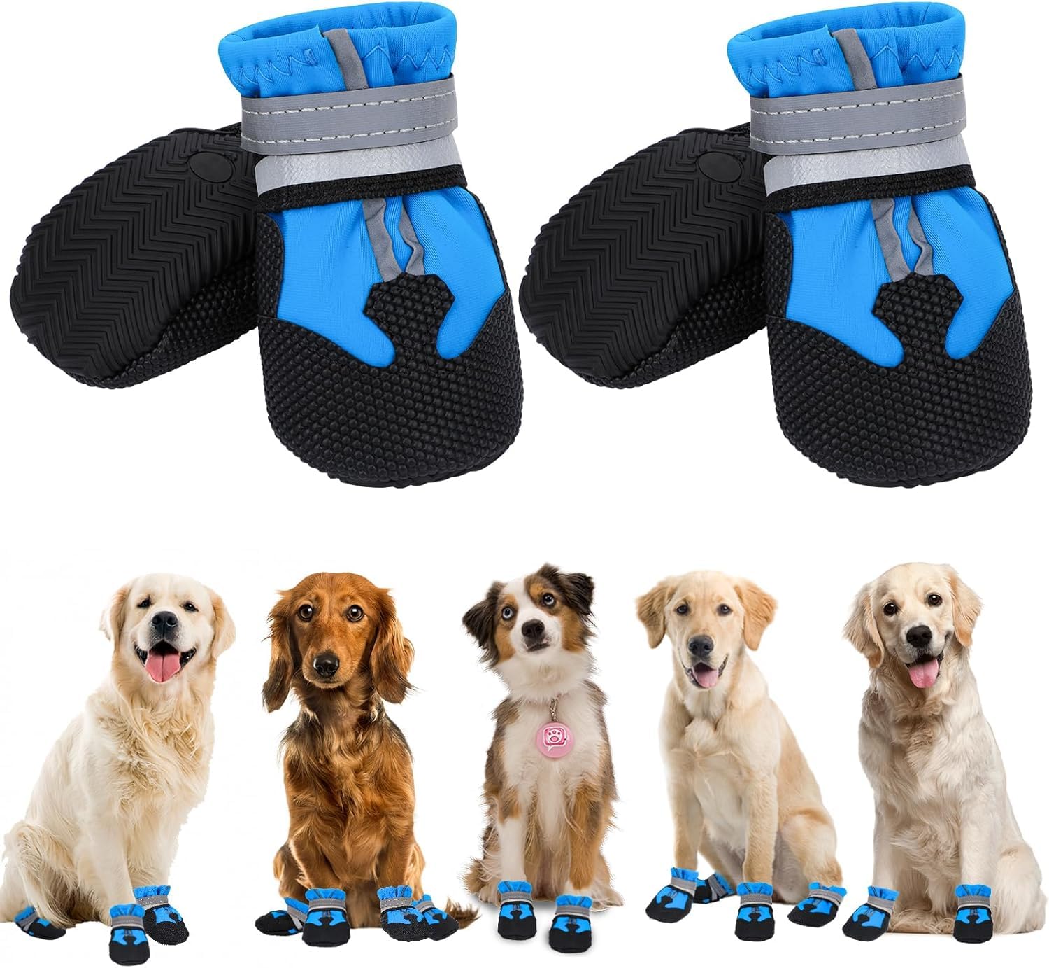 QKURT 4 Pieces Dog Boots Paw Protector, Waterproof Dog Shoes with Reflective Straps, Adjustable Washable Non-Slip, for Injured Paws, Outdoor Paw Protectors for Small Medium Large Dogs — image 1