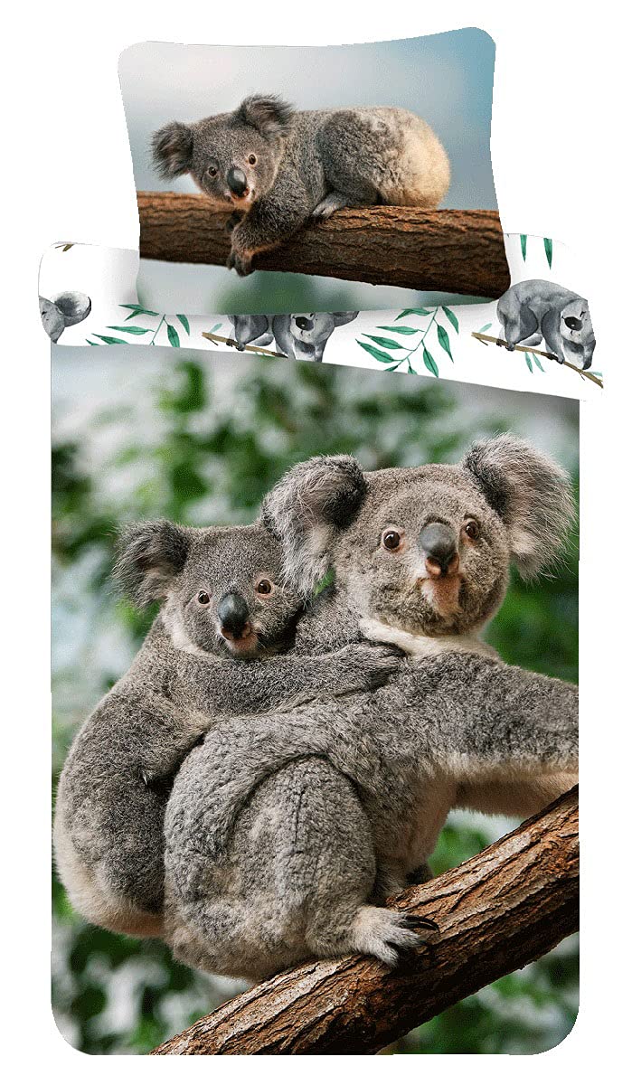 Koala Bed Linen Set with Baby in Wild on Eucalyptus Tree, Duvet Cover 140 x 200 cm, Pillowcase 70 x 90 cm, 100% Cotton, for Children, Teenagers, Adults