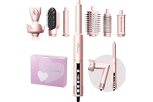 Atopskins 8-in-1 Hair Dryer Brush & Hot Air Styler, 110,000 RPM Blow Dryer Brush Foldable LCD Display, 4 Heat Settings Auto Curler Fast Drying Curling Straightening for Salon & Travel (Pink)