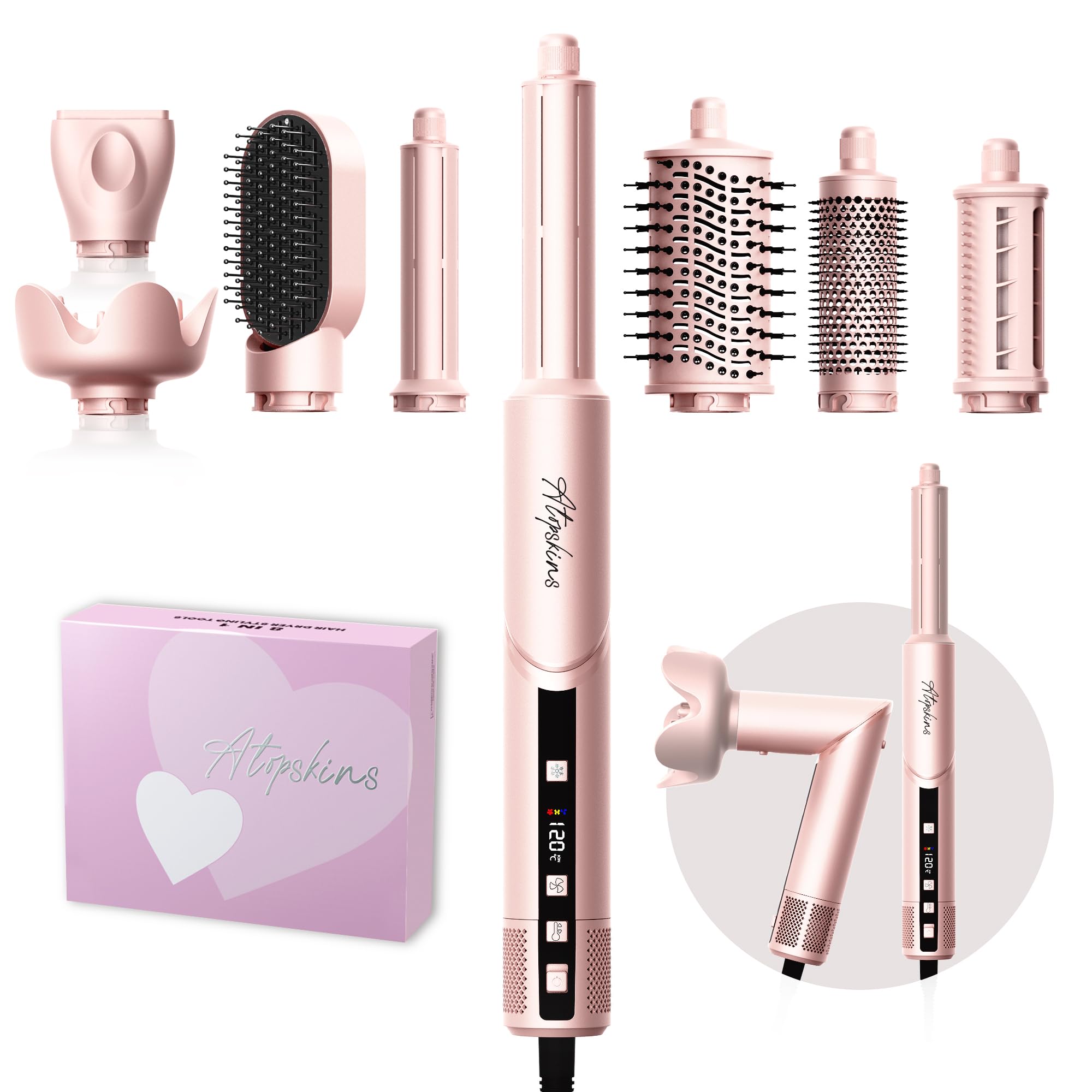 Photo 1 of Atopskins 8-in-1 Hair Dryer Brush & Hot Air Styler, 110,000 RPM Blow Dryer Brush Foldable LCD Display, 4 Heat Settings Auto Curler Fast Drying Curling Straightening for Salon & Travel (Pink)
