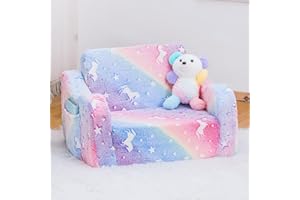 SUFUS Toddler Baby Chair Couch Sofa for Kids Foldable 2-in-1 Fold Out Couch Bed Toddler Chairs Comfy for Boys & Girls Convertible Kids Furniture lounge chairs for Playroom with Double Pockets, Glowing Pink