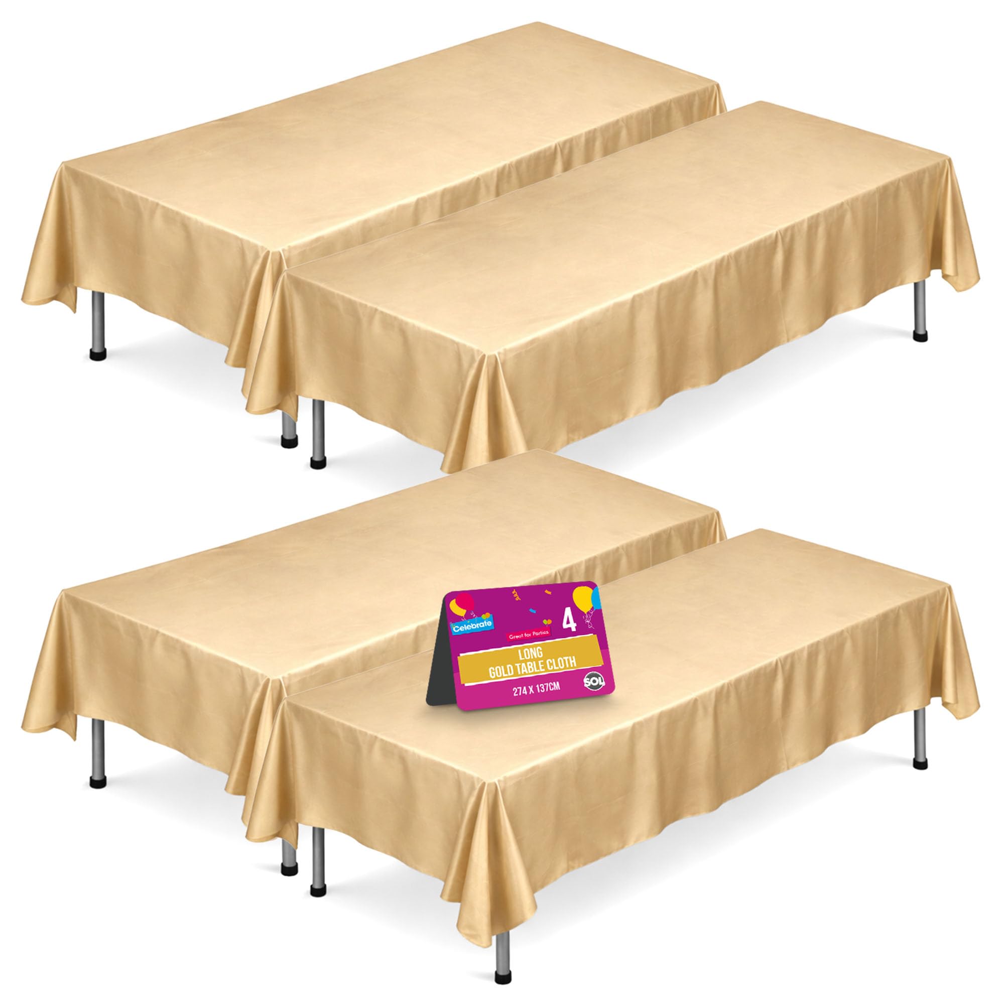 SOL 4pk Long Gold Table Cloth Party 274x137cm Plastic Cover Disposable Tablecloths for Parties - Spill Protection - Great for Weddings, Buffets, Catering, Restaurants, Outdoor Events & Celebrations