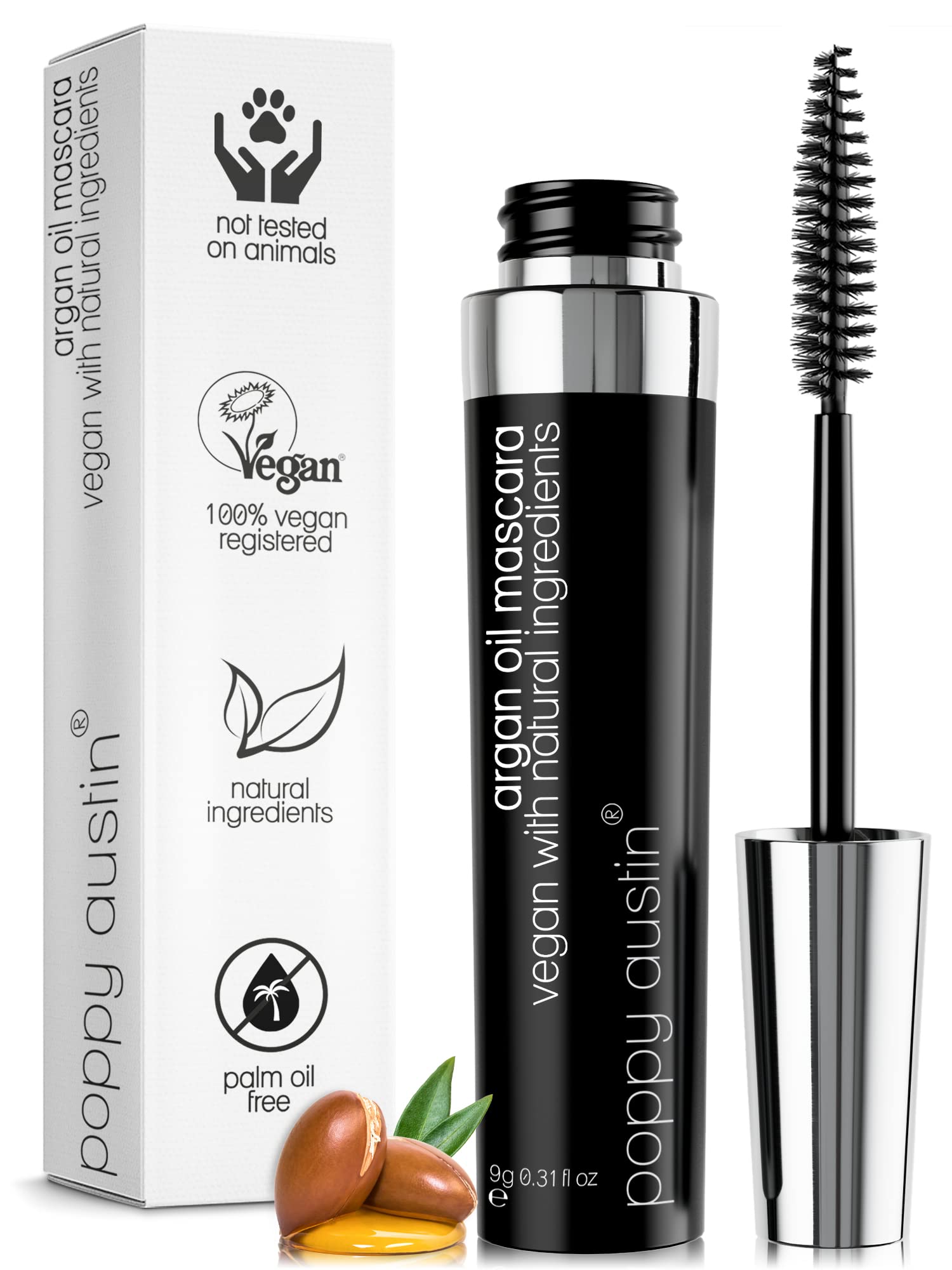 Photo 1 of Poppy Austin Organic Mascara, Natural, Vegan, Paraben-Free, Cruelty-Free - Hypoallergenic Mascara Lengthening & Volumizing with Argan Oil - 0.31 Fl Oz (Black)