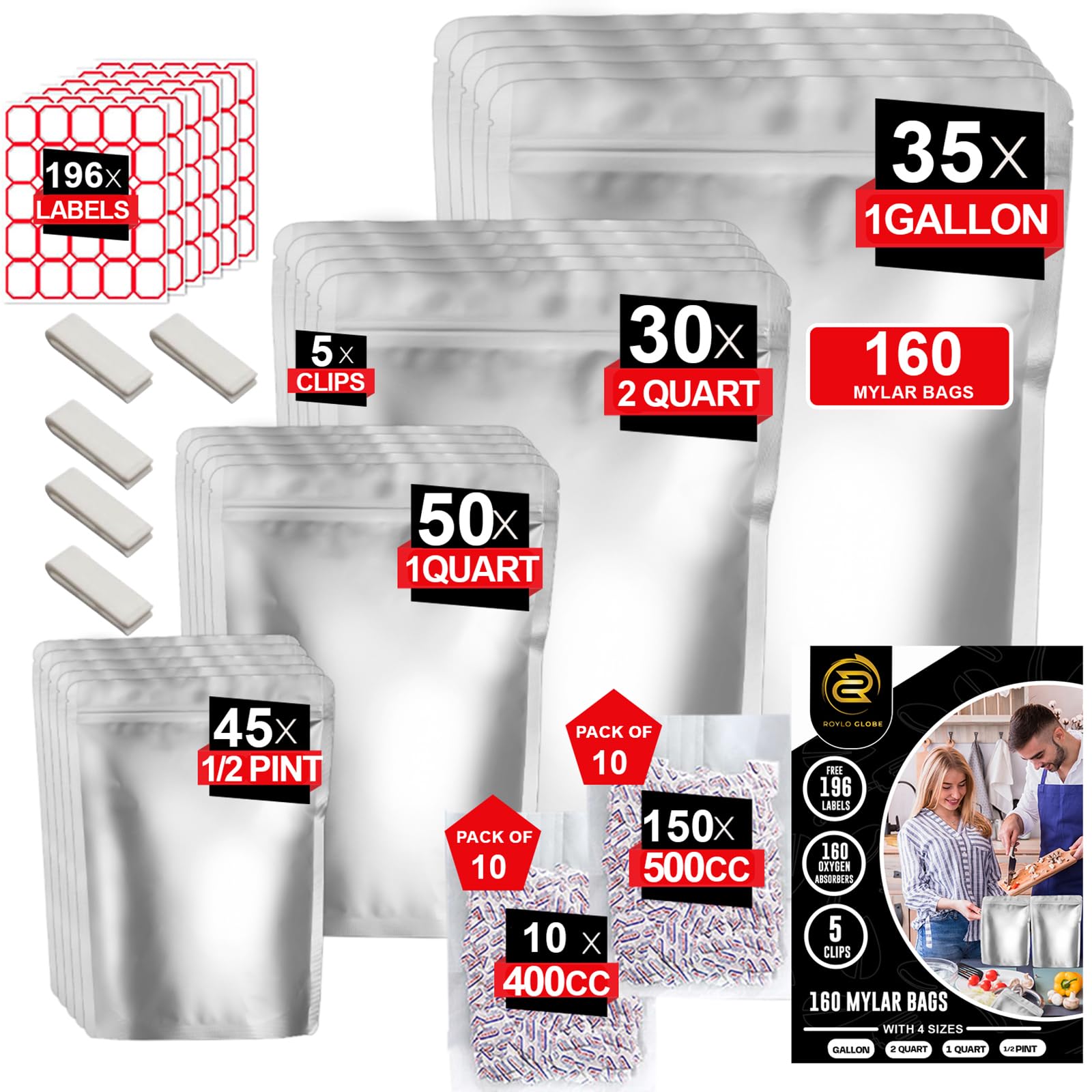 Photo 1 of 160 Mylar Bags with 160 Oxygen Absorbers-196 Labels & Stand-Up Reusable 4 Sizes Airtight Resealable Bags For Long Term with 5 Clips-11 MIL Large Mylar Bags For Food Storage