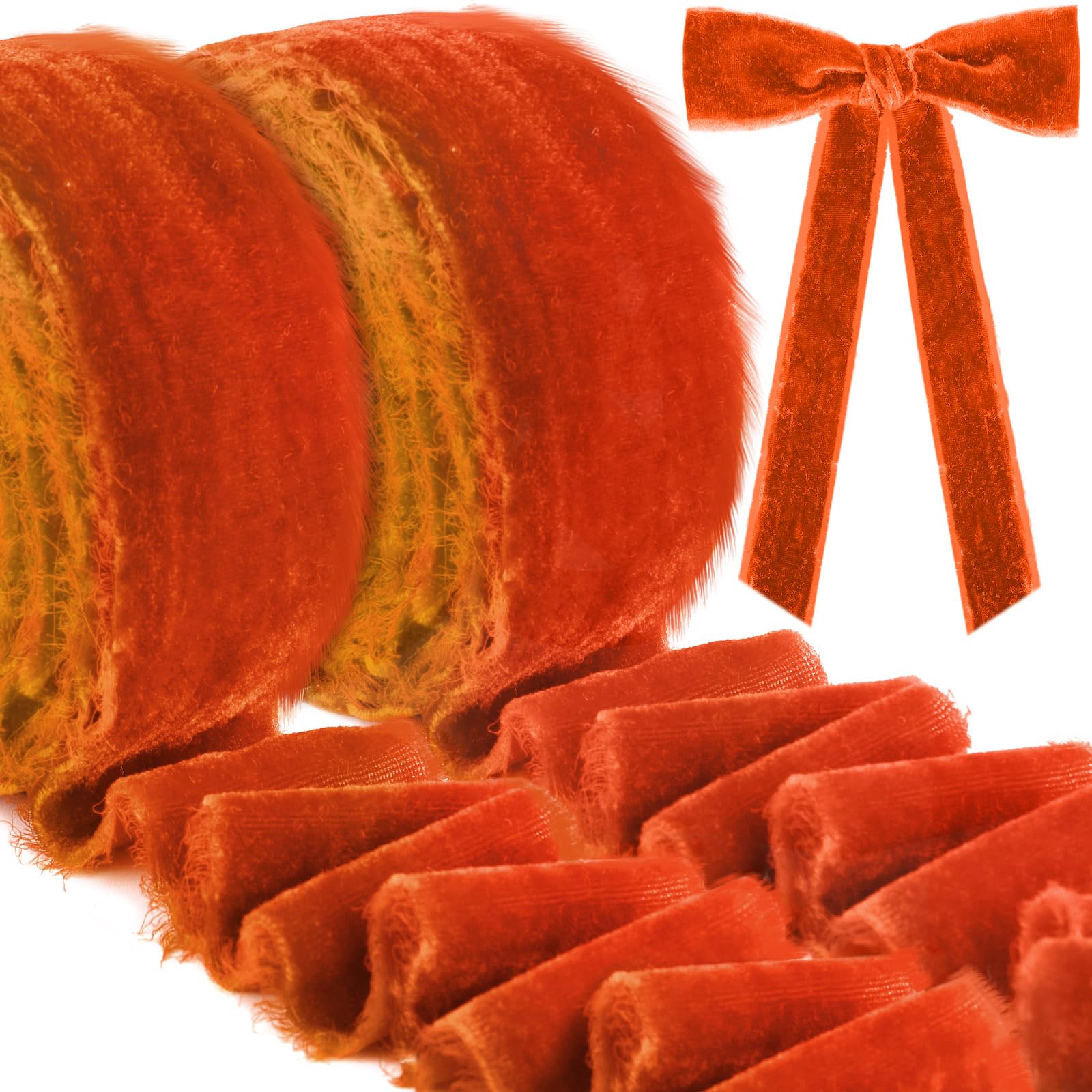 Photo 1 of 2 Rolls Velvet Ribbon 1.5 Inch 8 Yards Frayed Edge Silk Velvet Ribbon Raw Edge Christmas Ribbon for Holiday Wreath Bow Decorations Gift Wrapping (Burnt Orange)