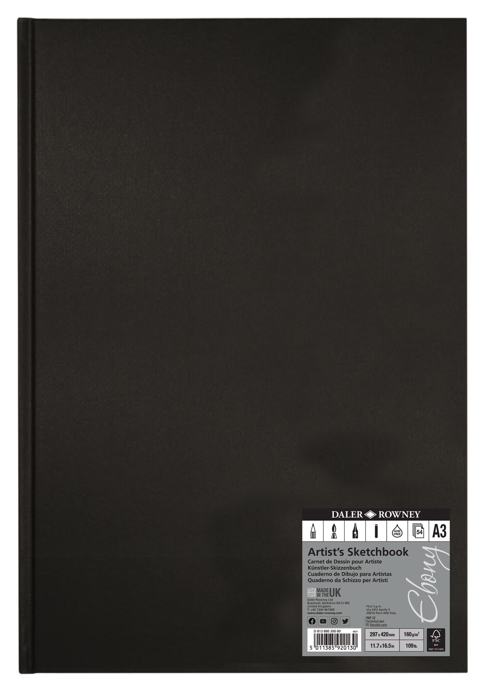 Daler-Rowney Ebony 160gsm A3 Smooth Portrait Hardbound Sketchbook, Casebound, 54 Natural White Sheets, For Professional Artists & Students — image 1