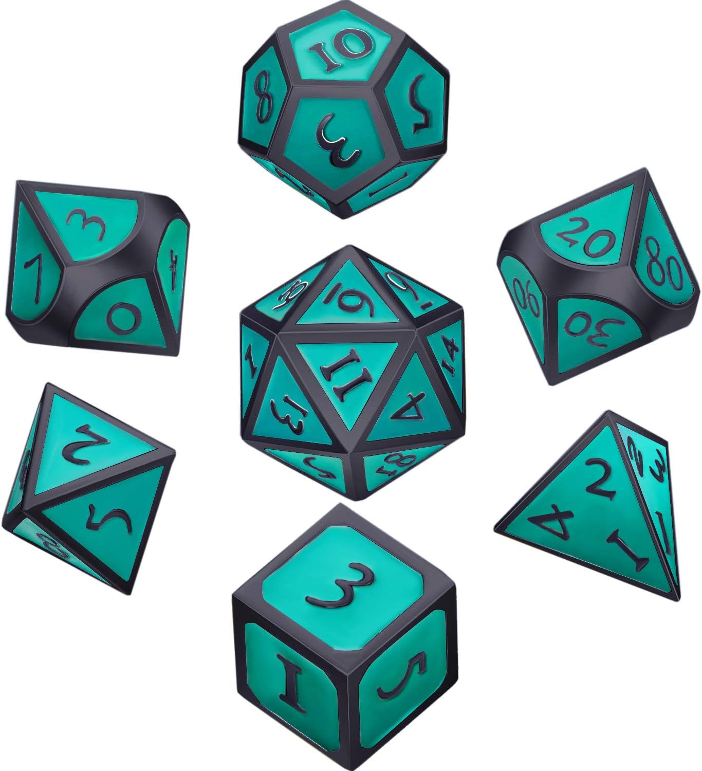 Hestya 7 Pieces Metal Dices Set DND Game Polyhedral Solid Metal D&D Dice Set with Storage Bag and Zinc Alloy with Enamel for Role Playing Game Dungeons and Dragons (Black Edge Turquoise)